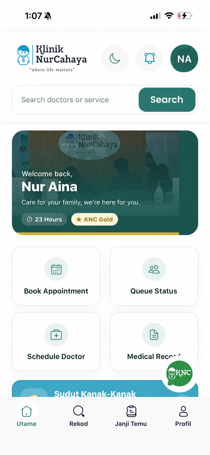 KNC App home screen — example patient Nur Aina