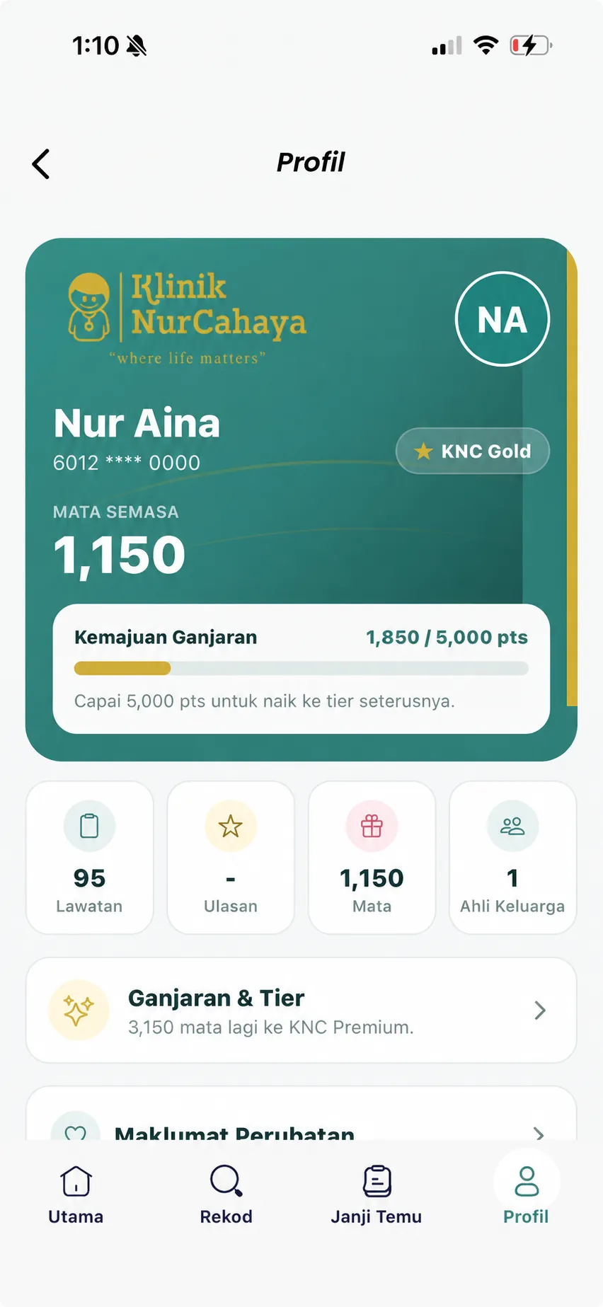 Profile and rewards for example patient Nur Aina