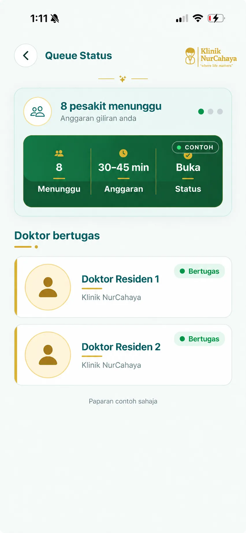 Example queue: 8 waiting, 30–45 minutes, 2 resident doctors
